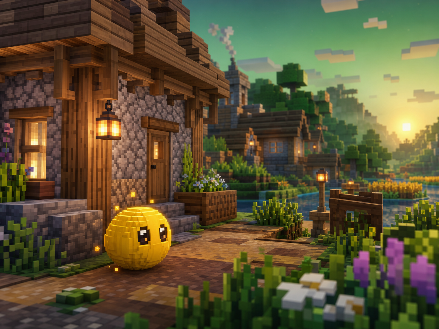 Verity Mod Minecraft Bedrock companion beside a village house at sunset