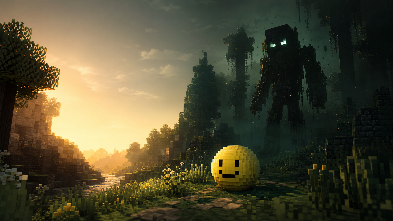 Verity Mod lore illustration of the yellow smiling sphere in a Minecraft forest at dusk with a looming Anomaly figure from the Something ARG