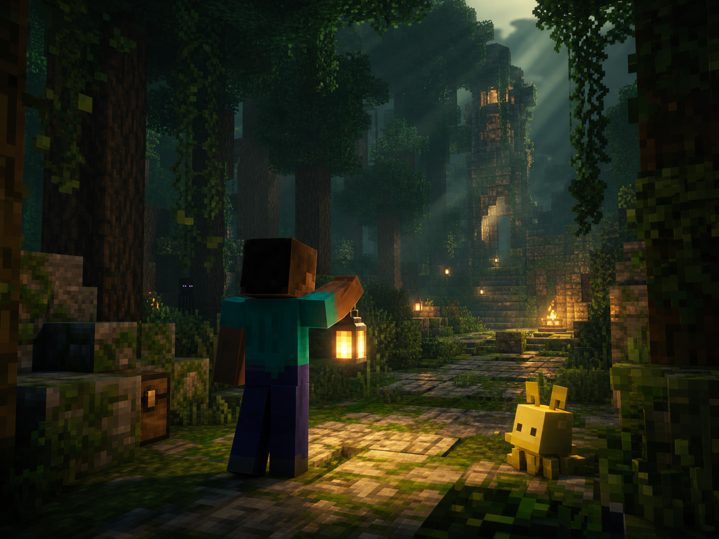 Verity Mod Minecraft Java companion on a lantern-lit forest path at dusk
