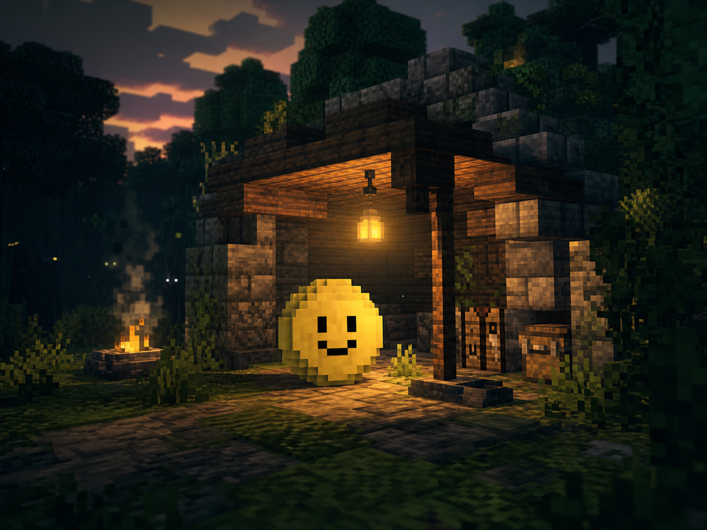 Verity Mod Minecraft friendly yellow companion outside a lantern-lit shelter at night