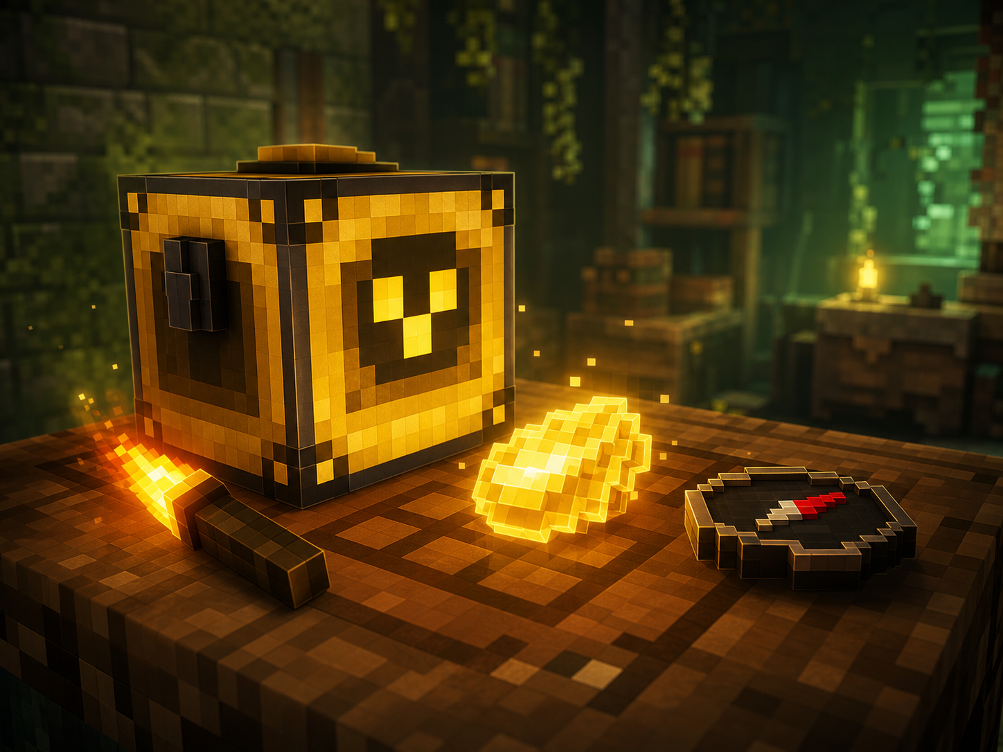 Verity Mod Minecraft reference scene with companion box, torch, and compass on a crafting table